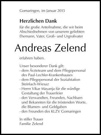 Anzeige von Andreas Zelend von Reutlinger Generalanzeiger