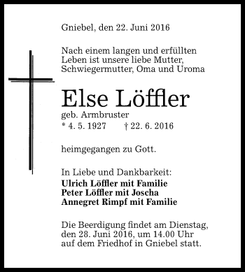 Anzeige von Else Löffler von Reutlinger Generalanzeiger