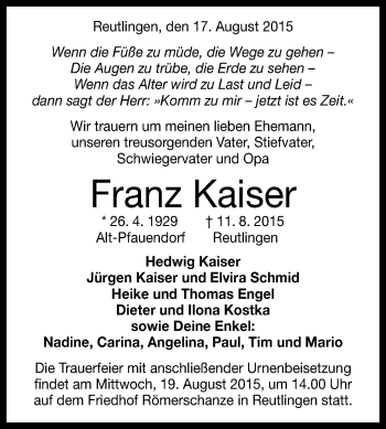 Anzeige von Franz Kaiser von Reutlinger Generalanzeiger
