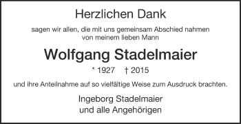 Anzeige von Wolfgang Stadelmaier von Reutlinger Generalanzeiger