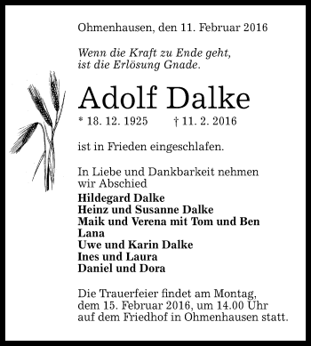 Anzeige von Adolf Dalke von Reutlinger Generalanzeiger