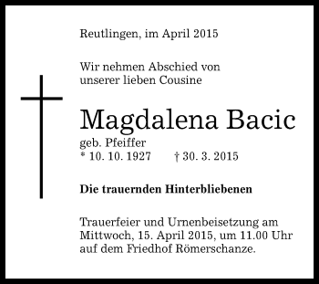 Anzeige von Magdalena Bacic von Reutlinger Generalanzeiger