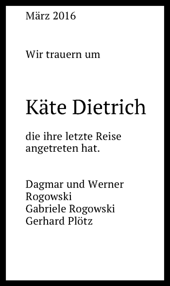 Anzeige von Käte Dietrich von Reutlinger Generalanzeiger