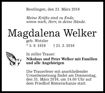 Anzeige von Magdalena Welker von Reutlinger Generalanzeiger