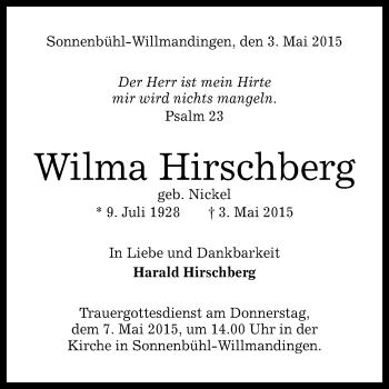 Anzeige von Wilma Hirschberg von Reutlinger Generalanzeiger