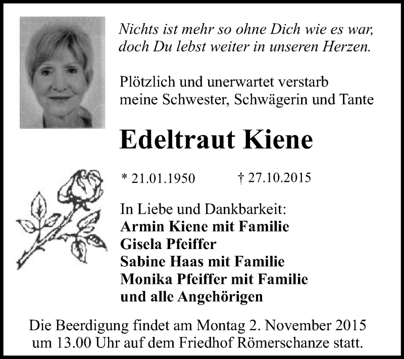  Traueranzeige für Edeltraut Kiene vom 30.10.2015 aus Reutlinger Generalanzeiger