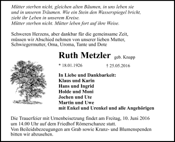 Anzeige von Ruth Metzler von Reutlinger Generalanzeiger