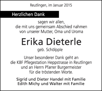 Anzeige von Erika Dieterle von Reutlinger Generalanzeiger