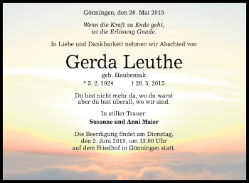Anzeige von Gerda Leuthe von Reutlinger Generalanzeiger