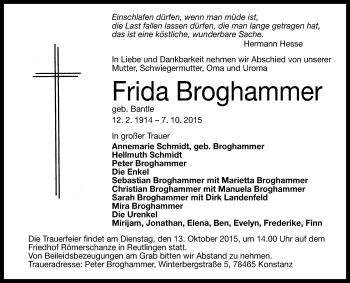 Anzeige von Frida Broghammer von Reutlinger Generalanzeiger