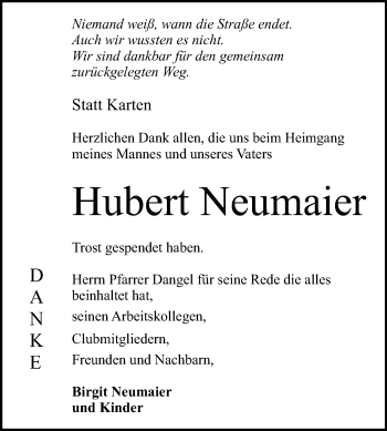 Anzeige von Hubert Neumaier von Reutlinger Generalanzeiger