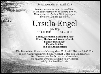 Anzeige von Ursula Engel von Reutlinger Generalanzeiger