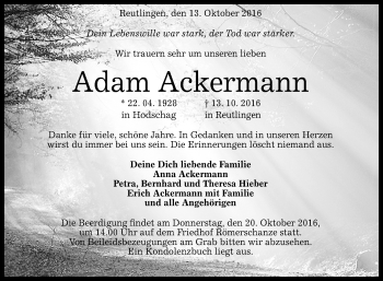 Anzeige von Adam Ackermann von Reutlinger Generalanzeiger