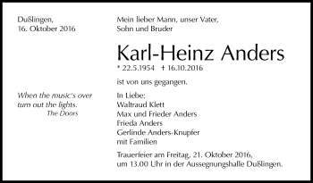 Anzeige von Karl-Heinz Anders von Reutlinger Generalanzeiger