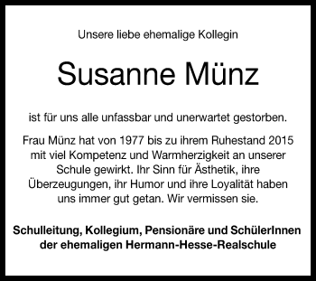 Anzeige von Susanne Münz von Reutlinger Generalanzeiger