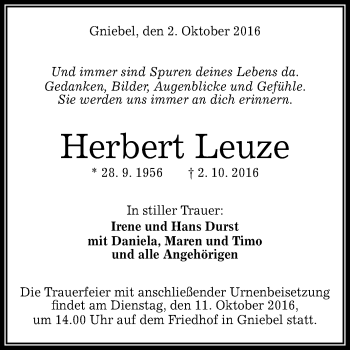 Anzeige von Herbert Leuze von Reutlinger Generalanzeiger