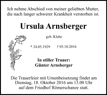 Anzeige von Ursula Arnsberger von Reutlinger Generalanzeiger