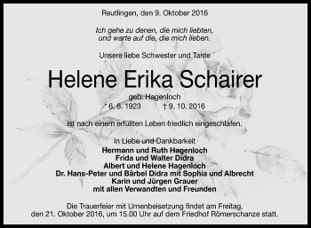 Anzeige von Helene Erika Schairer von Reutlinger Generalanzeiger