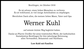 Anzeige von Werner Kuhl von Reutlinger Generalanzeiger