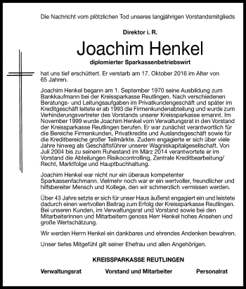 Anzeige von Joachim Henkel von Reutlinger Generalanzeiger