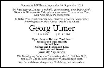 Anzeige von Georg Ulmer von Reutlinger Generalanzeiger