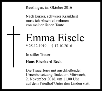 Anzeige von Emma Eisele von Reutlinger Generalanzeiger