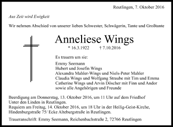 Anzeige von Anneliese Wings von Reutlinger Generalanzeiger
