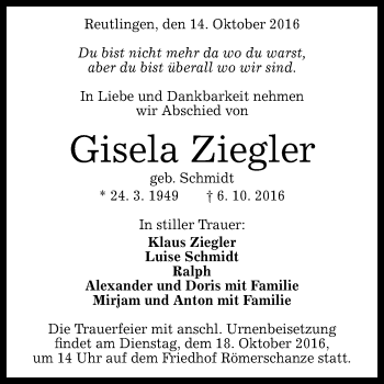 Anzeige von Gisela Ziegler von Reutlinger Generalanzeiger