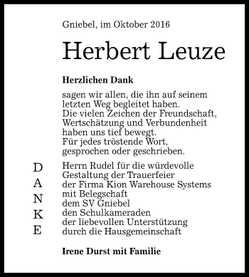 Anzeige von Herbert Leuze von Reutlinger Generalanzeiger