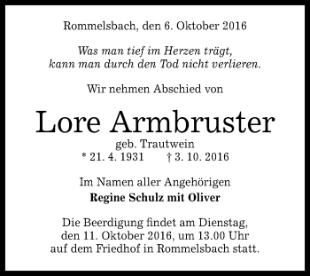 Anzeige von Lore Armbruster von Reutlinger Generalanzeiger