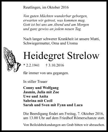 Anzeige von Heidegret Strelow von Reutlinger Generalanzeiger