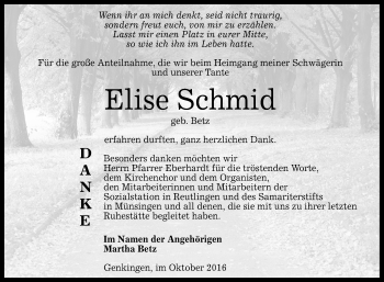 Anzeige von Elise Schmid von Reutlinger Generalanzeiger