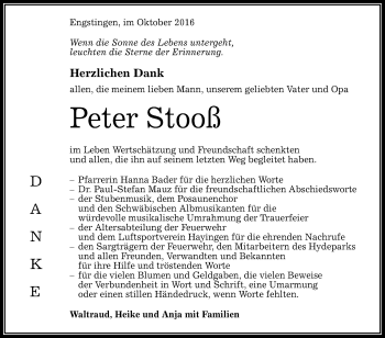 Anzeige von Peter Stooß von Reutlinger Generalanzeiger