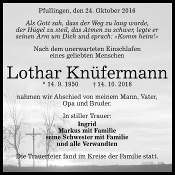 Anzeige von Lothar Knüfermann von Reutlinger Generalanzeiger