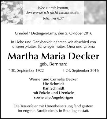 Anzeige von Martha Maria Decker von Reutlinger Generalanzeiger