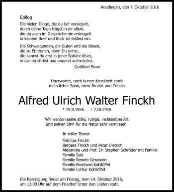 Anzeige von Alfred Ulrich Walter Finckh von Reutlinger Generalanzeiger