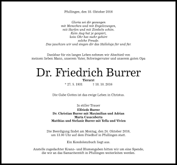 Anzeige von Friedrich Burrer von Reutlinger Generalanzeiger