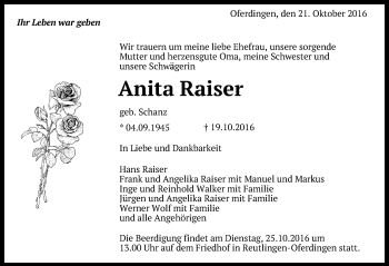 Anzeige von Anita Raiser von Reutlinger Generalanzeiger