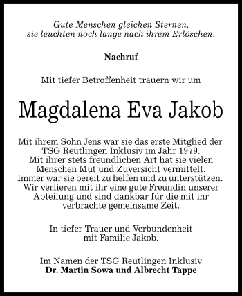 Anzeige von Magdalena Eva Jakob von Reutlinger Generalanzeiger