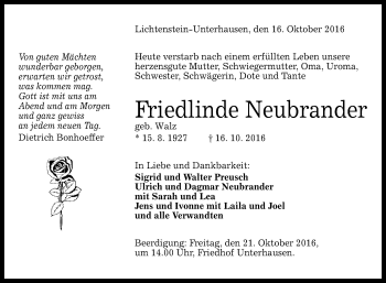 Anzeige von Friedlinde Neubrander von Reutlinger Generalanzeiger