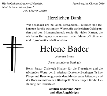 Anzeige von Helene Bader von Reutlinger Generalanzeiger