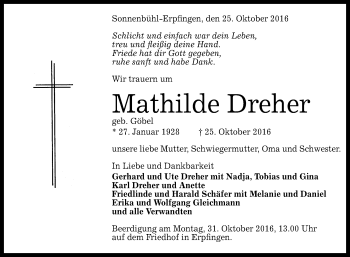 Anzeige von Mathilde Dreher von Reutlinger Generalanzeiger