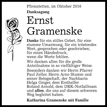 Anzeige von Ernst Gramenske von Reutlinger Generalanzeiger