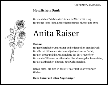 Anzeige von Anita Raiser von Reutlinger Generalanzeiger