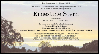 Anzeige von Ernestine Stern von Reutlinger Generalanzeiger