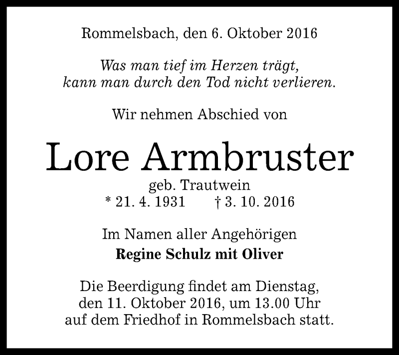  Traueranzeige für Lore Armbruster vom 06.10.2016 aus Reutlinger Generalanzeiger