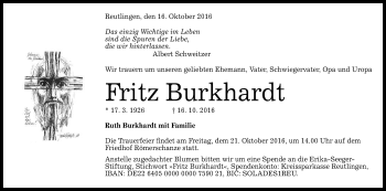 Anzeige von Fritz Burkhardt von Reutlinger Generalanzeiger