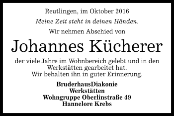 Anzeige von Johannes Kücherer von Reutlinger Generalanzeiger