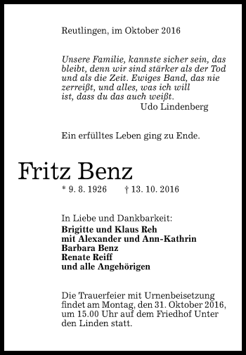 Anzeige von Fritz Benz von Reutlinger Generalanzeiger