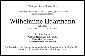 Anzeige von Wilhelmine Haarmann von Reutlinger Generalanzeiger